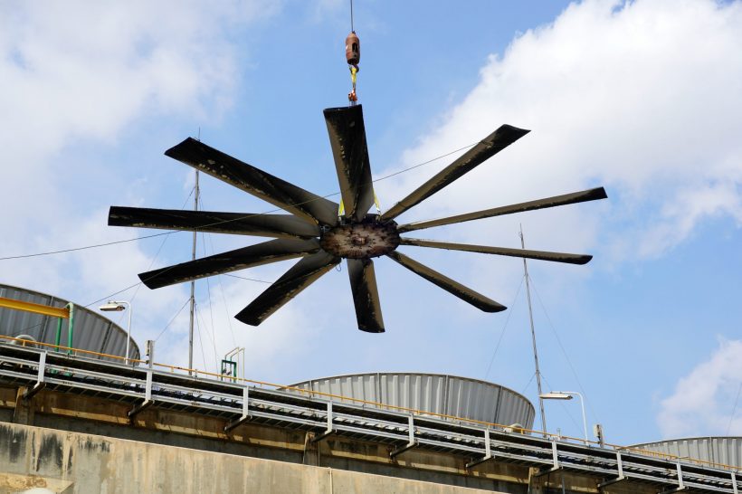 Fan,Blades,Of,Cooling,Tower,Is,Being,Lifted,Down,For